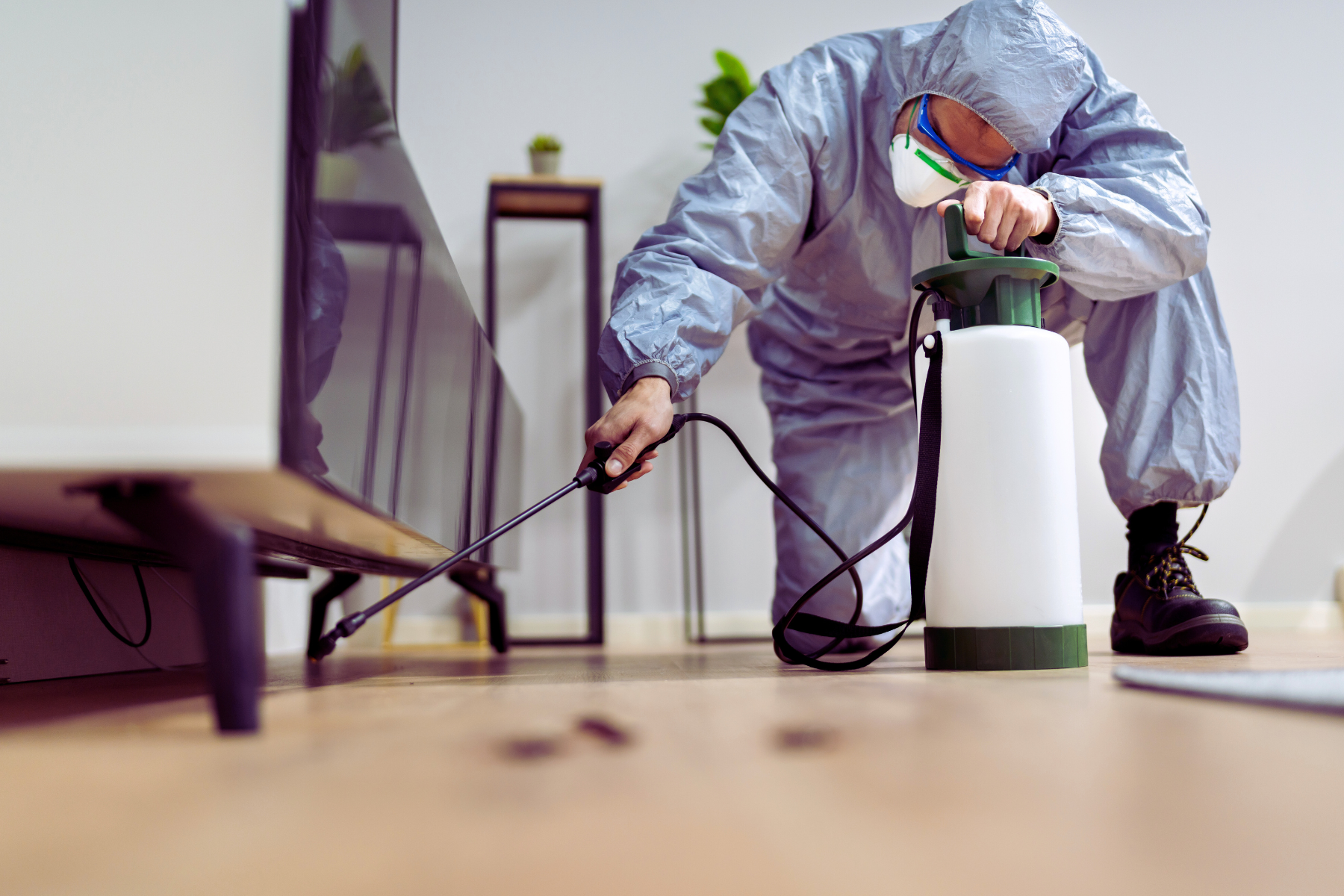 exterminator spraying under console