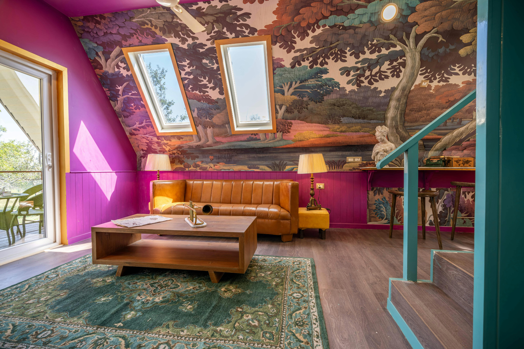 Colorful Artistic Living Room with Skylight Dopamine Decor Trend