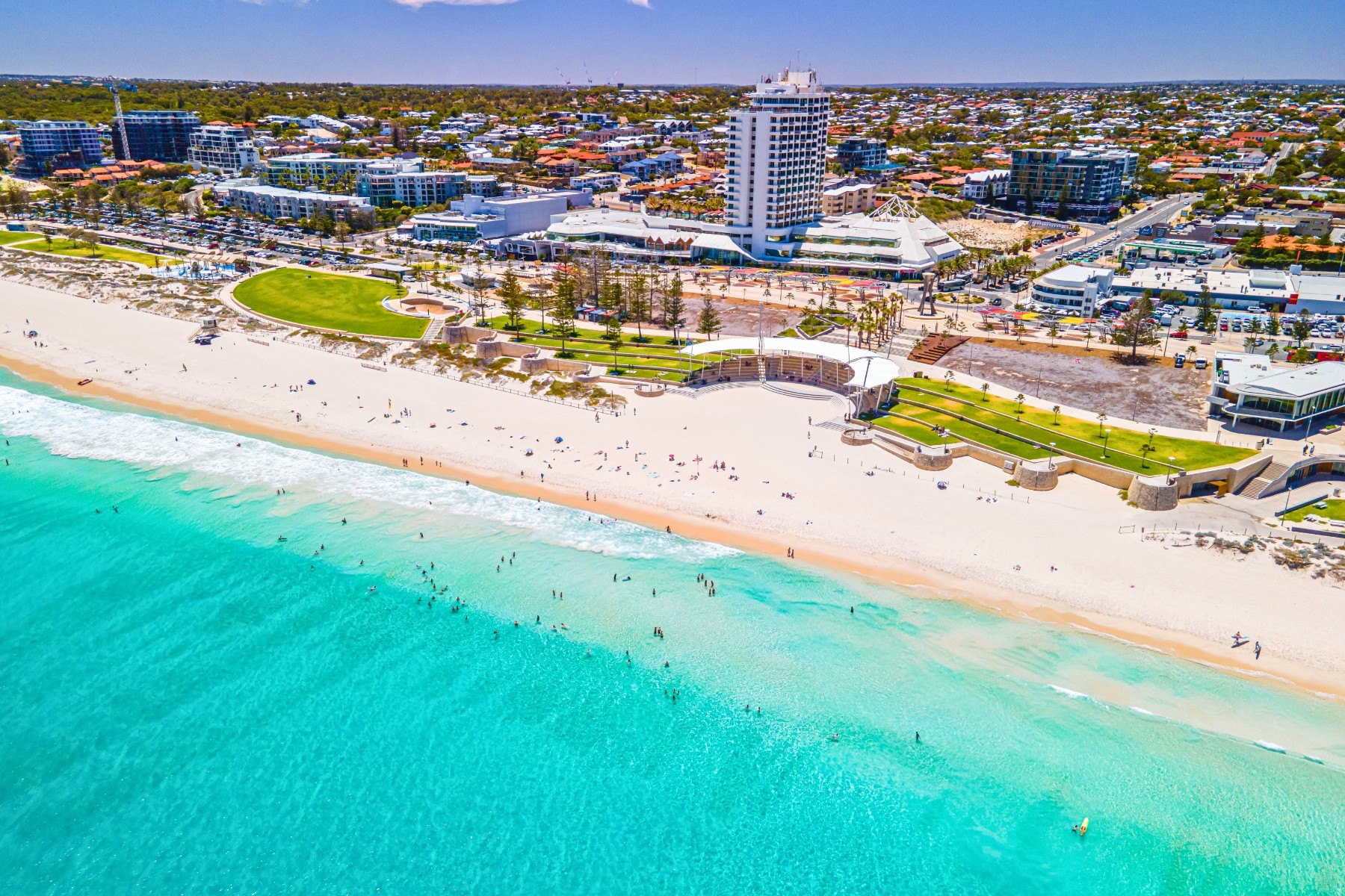 View of Perth's coastline, with laidback beach lifestyle blending into cityscape