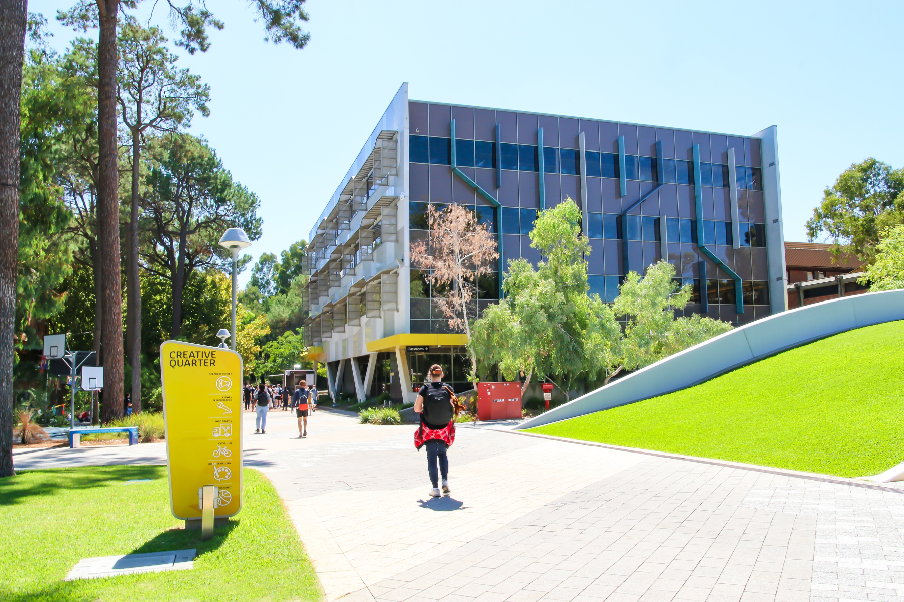Students on campus at the Creative Quarter at Curtin University in Bentley