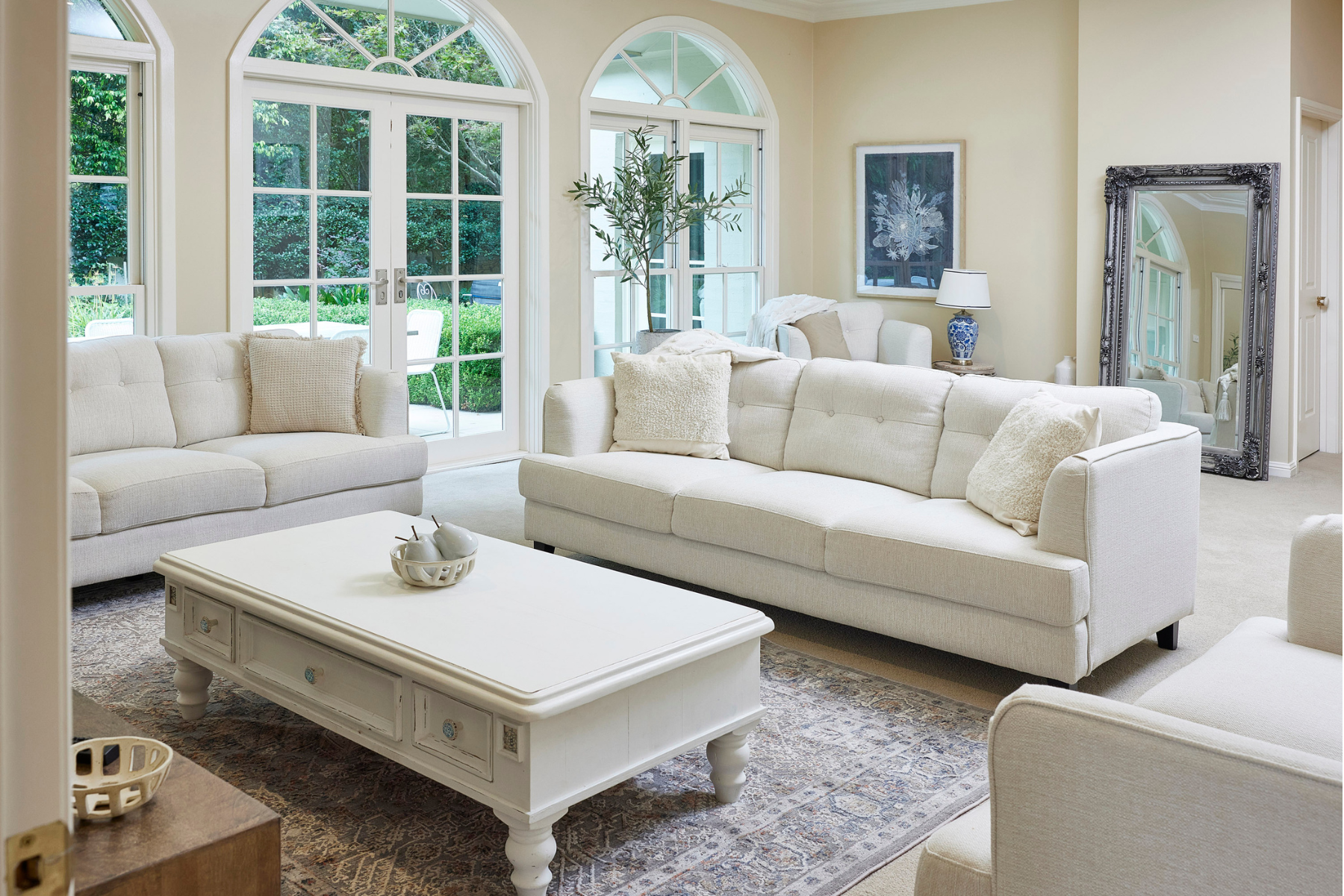 Modern interior design of white living room in temporary accommodation Airbnb