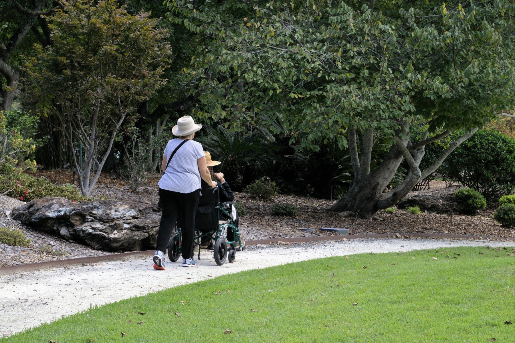 Aged care worker assisting an elderly person with wheelchair in Australia