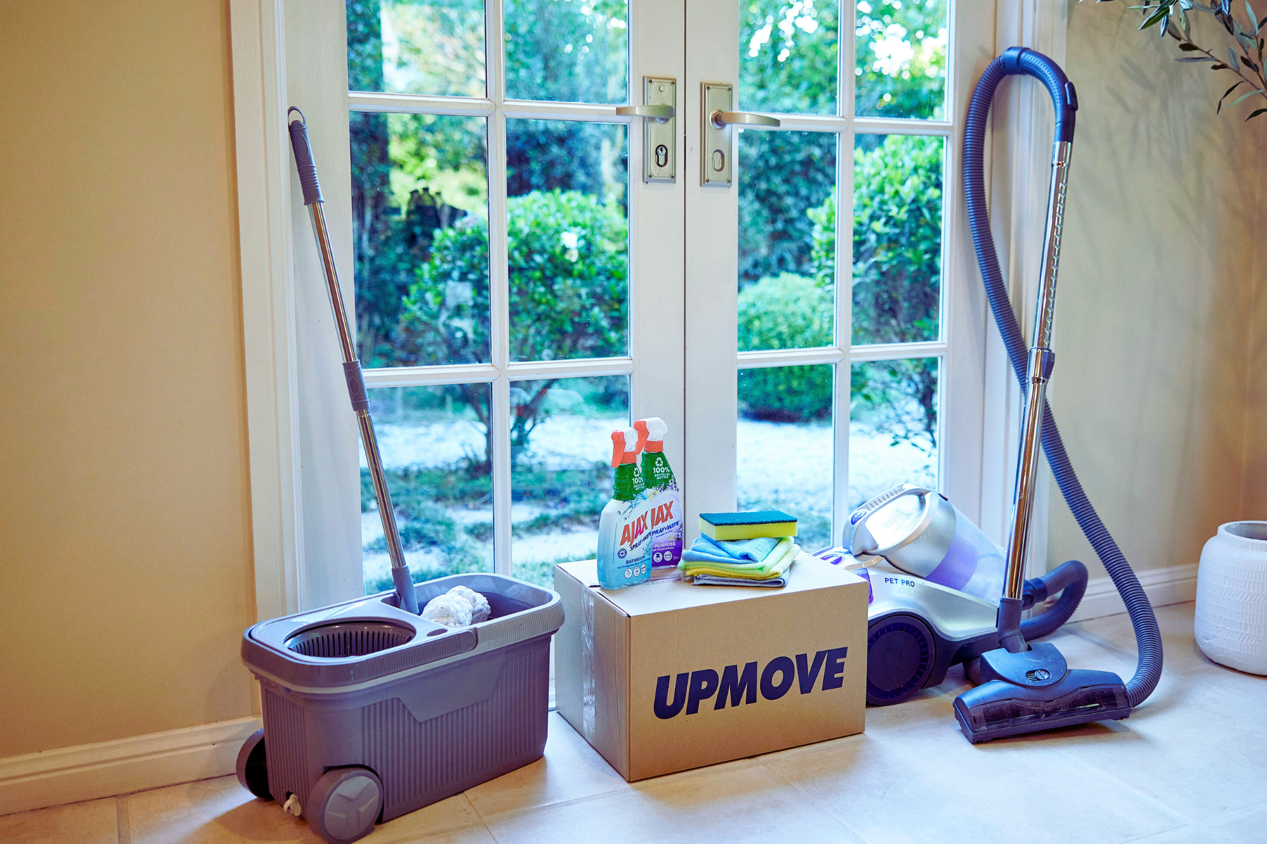 cleaning supplies with moving box