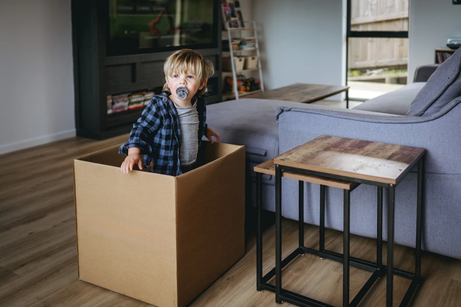 Toddler standing in a removalist box