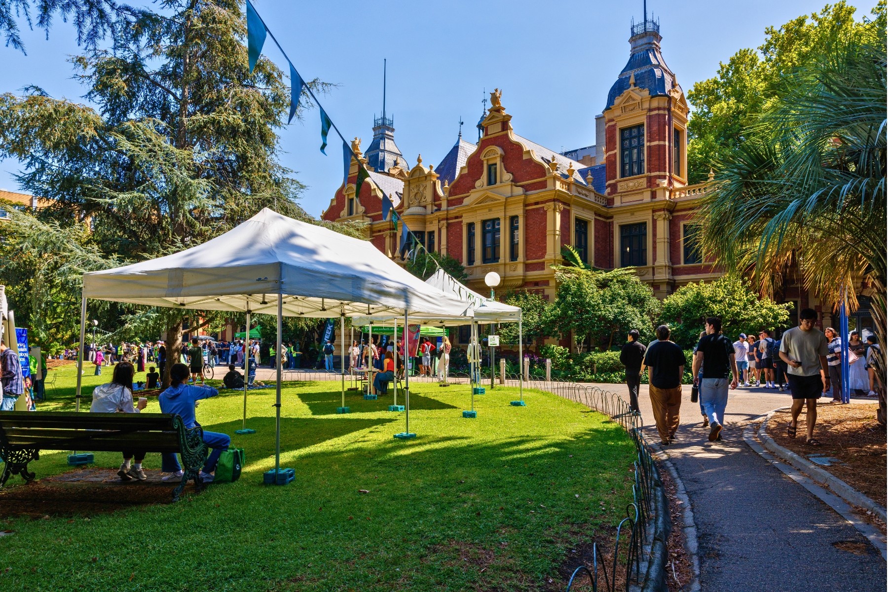 View of students outside the University of Melbourne, one of the top globally ranked universities in the area