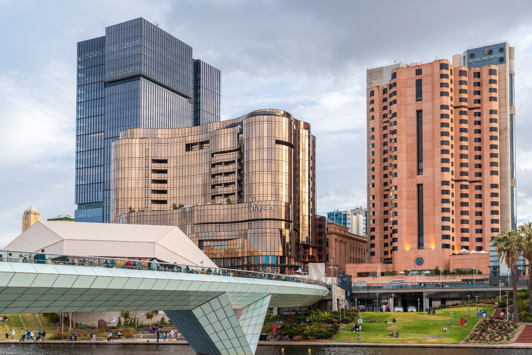 Adelaide CBD skyline with the new Festival Plaza, Skycity Casino and Adelaide Convention Centre viewed across Torrens river on a day