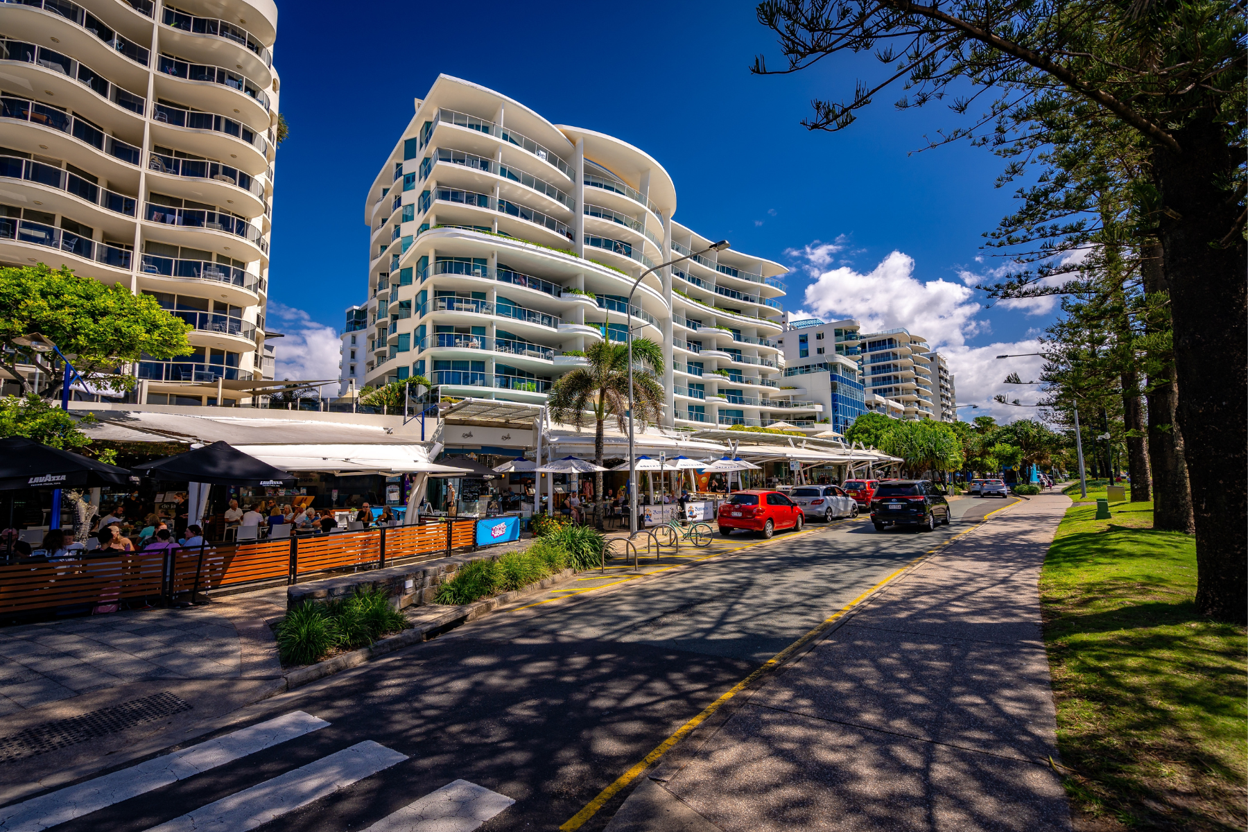 Hotels and restaurants along the main street of Mooloolaba, Queensland